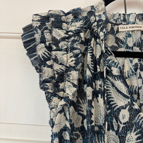 ULLA JOHNSON Dira‎ Top Indigo Metallic Ruffle Size 0 Flutter Sleeve Tassel Tie - Picture 6 of 16